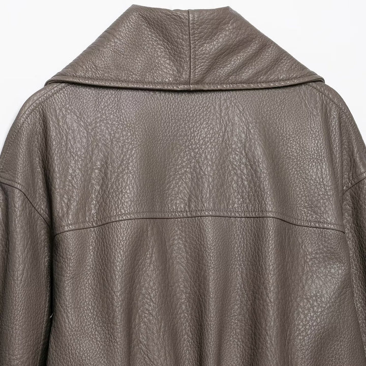 Women's Short Tailored Leather-Look Jacket with Oversized Shawl Collar and Gathered Hem Amarae