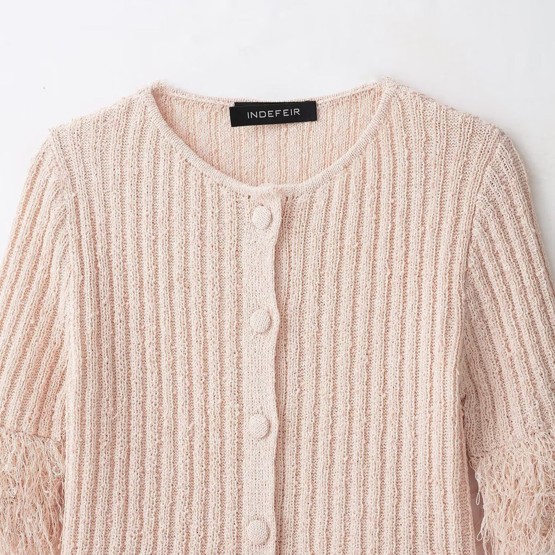Ladies Boucle Cardigan with Fringe Sleeves and Hidden Button Placket Amarae