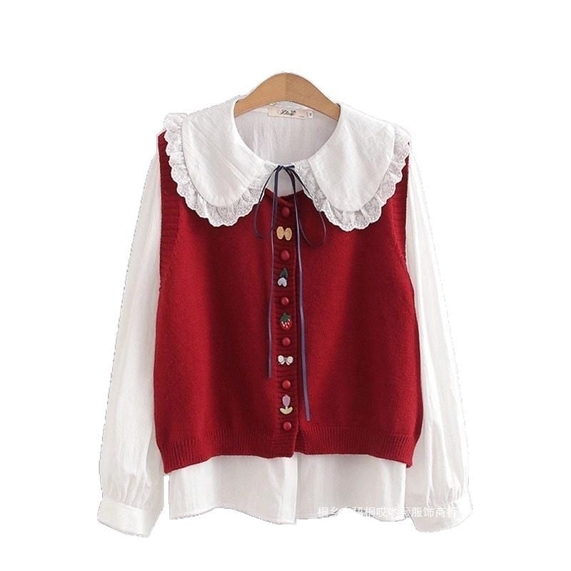 Knit blouse for women with decorative collar and handmade appliqués Lune London
