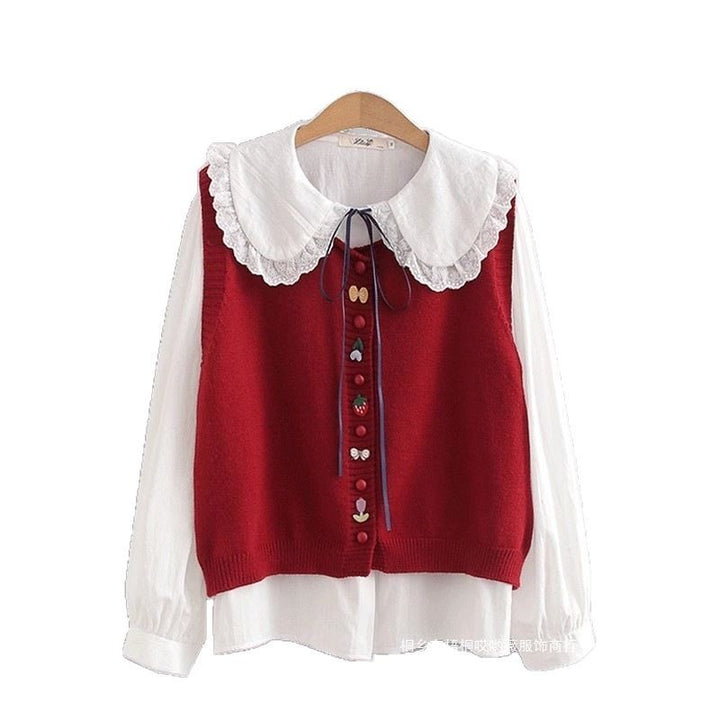 Knit blouse for women with decorative collar and handmade appliqués Lune London