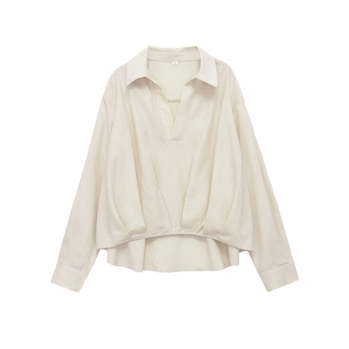Women's Oversized Linen Blouse with Open V-Neck and Gathered Hem Amarae