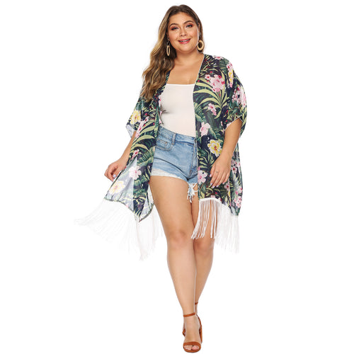 Ladies-Kimono with floral print and fringes Amarae