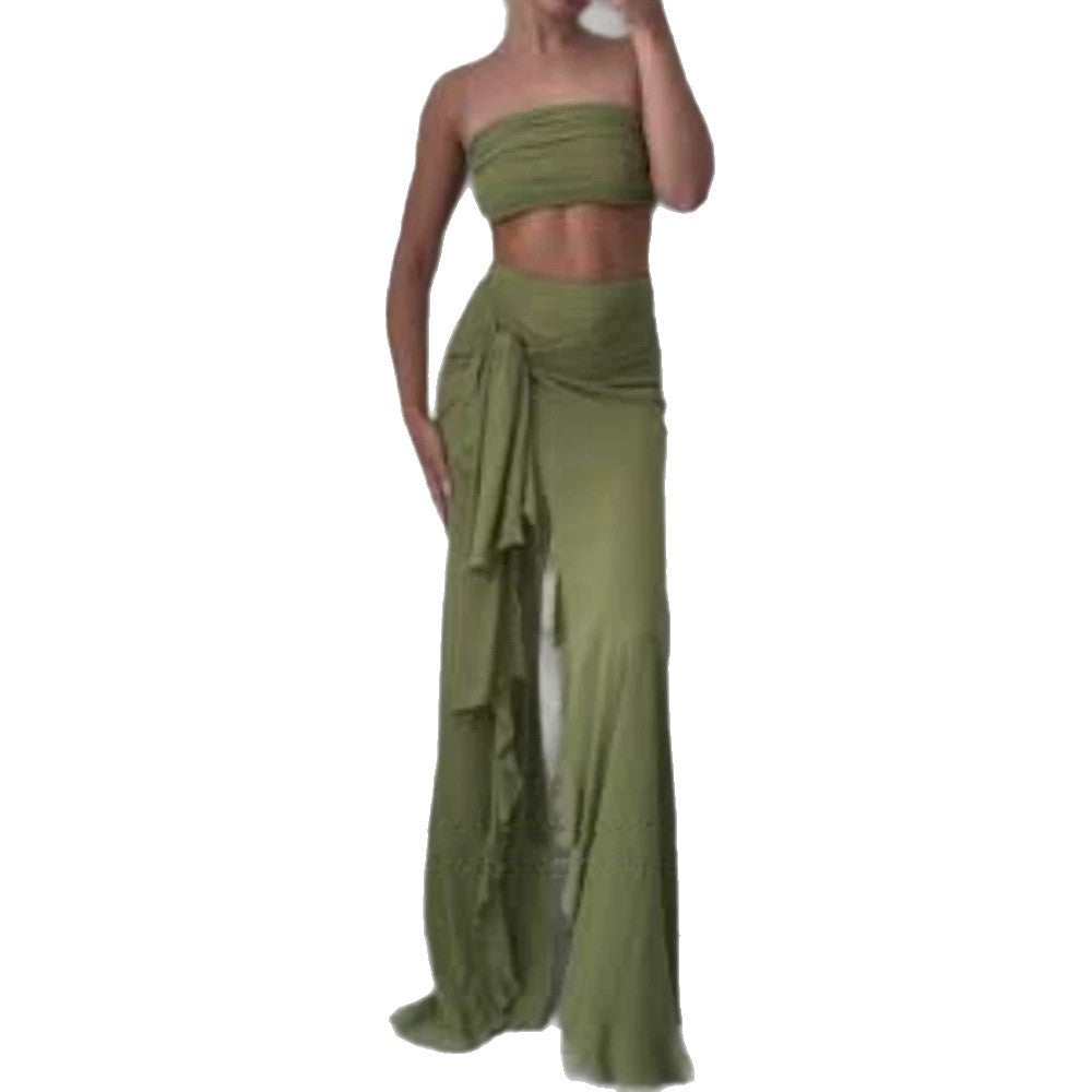 Women's High-Waisted Maxi Skirt with Asymmetrical Gathering, Knot Detail, and Ruffle Slit Amarae