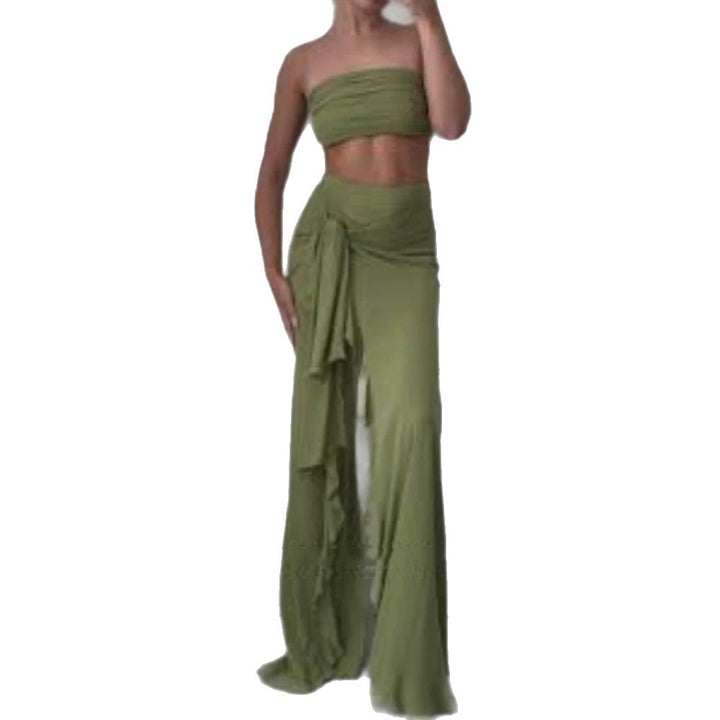 Women's High-Waisted Maxi Skirt with Asymmetrical Gathering, Knot Detail, and Ruffle Slit Amarae
