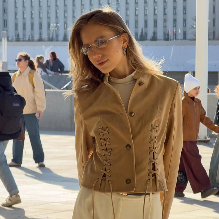 Women's short jacket made of suede-look with side lacing & stand-up collar Amarae