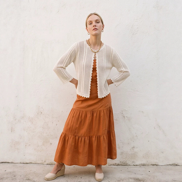 Women's crocheted short jacket with wavy hem, open front & 3/4 sleeves Amarae