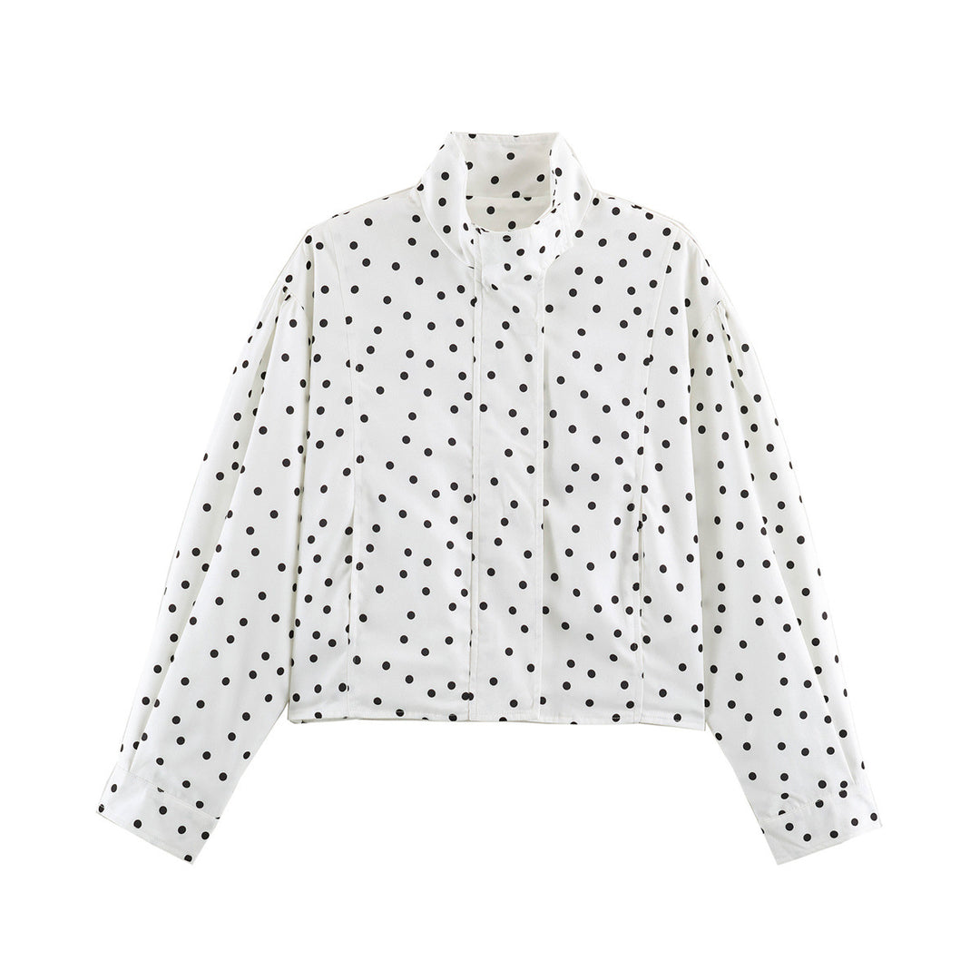 Women's Polka Dot Cropped Blouse with Stand Collar and Concealed Button Placket Amarae