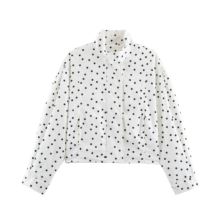 Women's Polka Dot Cropped Blouse with Stand Collar and Concealed Button Placket Amarae