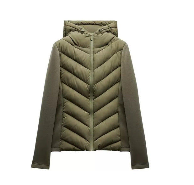 Women's hybrid quilted jacket with padding, hood, and elastic sleeve inserts Amarae