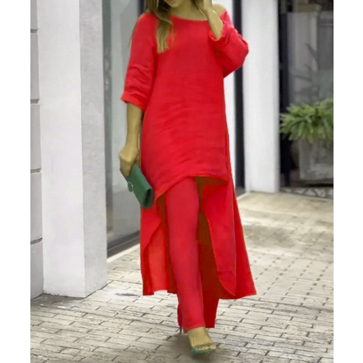 Women Lightweight Linen Two-Piece with Asymmetrical High-Low Tunic and Wide Palazzo Pants Amarae