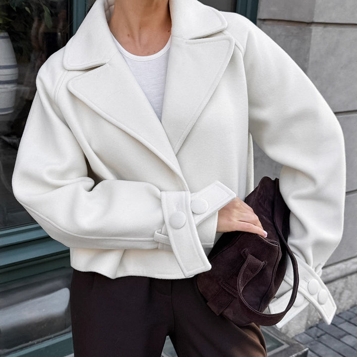Cropped wool jacket for women in casual biker style with large buttons Lune London