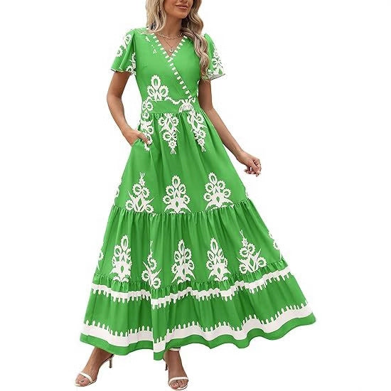 Maxi dress for women with V-neckline and contrasting embroidery details Lune London
