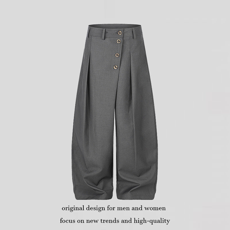Women's Wide Palazzo Pants with High Waist, Pleats and Asymmetrical Button Placket Amarae