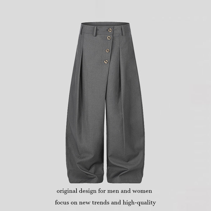 Women's Wide Palazzo Pants with High Waist, Pleats and Asymmetrical Button Placket Amarae