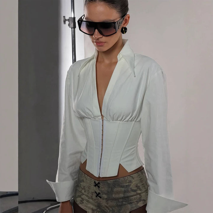 Women Tailored Corset Bustier with Integrated Blouse and Front Closure Amarae