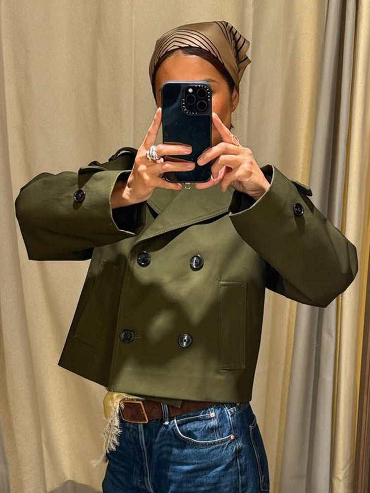 Women's Cropped Double-Breasted Trench Coat with Boxy Silhouette and Patch Pockets Amarae