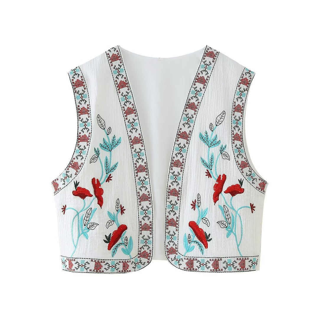Women Embroidered Sleeveless Boho Vest with Open Cut and Floral Embroidery Amarae