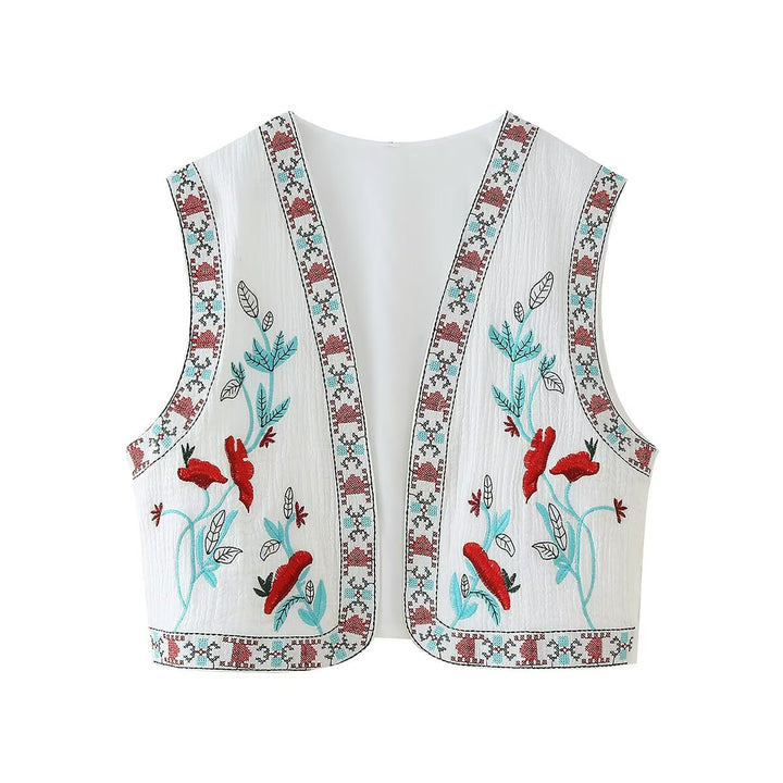 Women Embroidered Sleeveless Boho Vest with Open Cut and Floral Embroidery Amarae