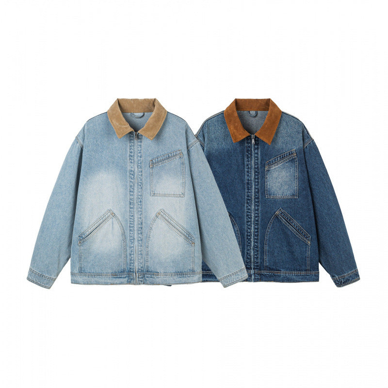 Men's Oversized Denim Jacket with Cord Collar and Diagonal Chest Pocket Detail Amarae