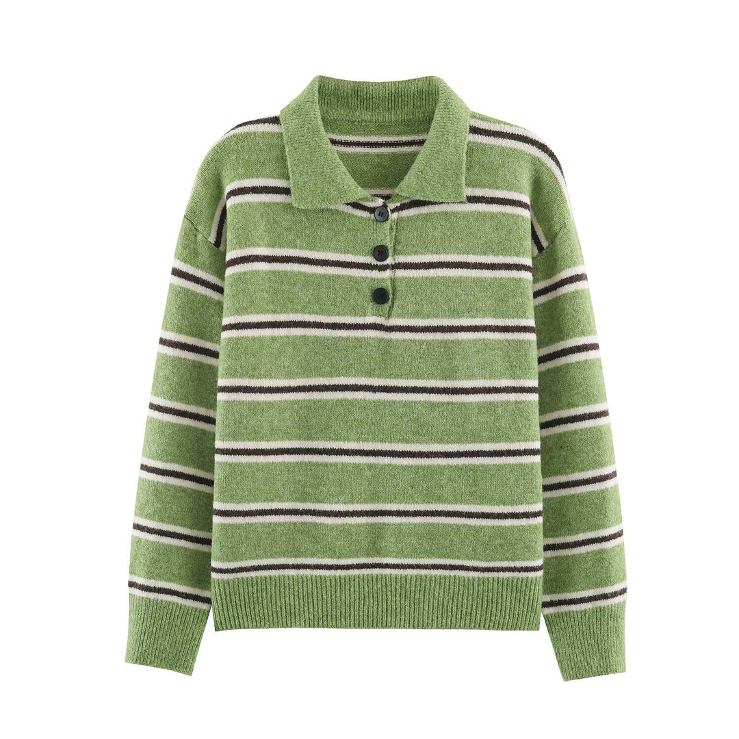 Women's Oversize Polo Sweater with Striped Pattern and Button Placket Amarae