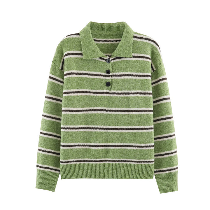 Women's Oversize Polo Sweater with Striped Pattern and Button Placket Amarae