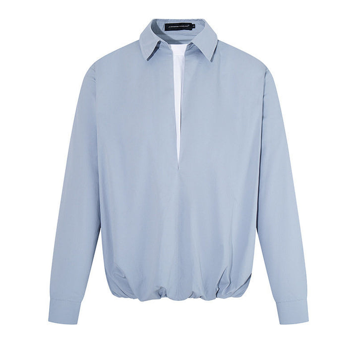 Women Elegant Blouse with concealed V-slit front, shirt collar and elastic hem
