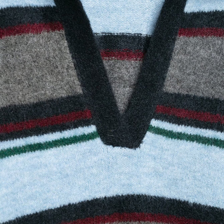 Women's Oversize Striped Sweater with Polo Collar and Deep V-Neck Amarae