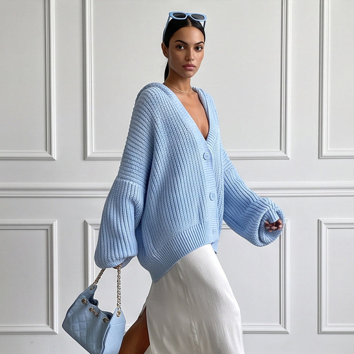 Women's Oversized Hooded Knit Cardigan with Balloon Sleeves and Button Placket Amarae