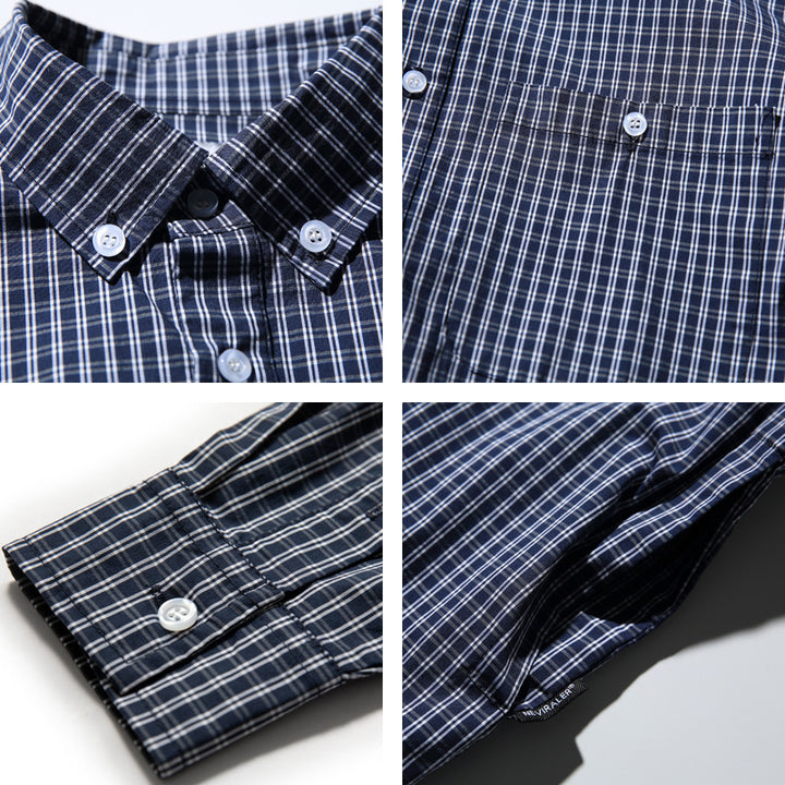 Men's Oversized Checked Shirt in Boxy Cut with Button-Down Collar and Curved Hem Amarae