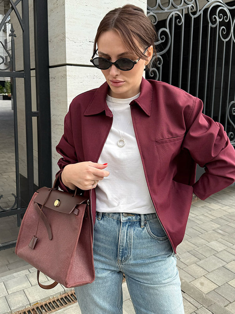 Women's lightweight twill transition jacket with shirt collar, concealed zipper, and boxy silhouette Amarae