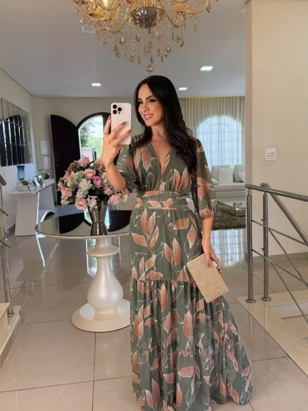 Maxi dress for women with casual V-neck, waist belt, and voluminous sleeves Lune London