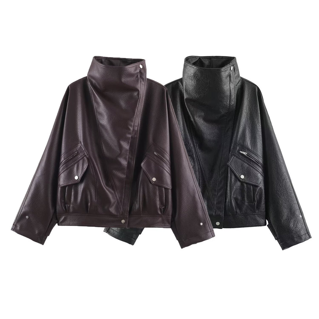 Women's Oversized Faux Leather Cape Jacket with High Standing Collar and Flap Pockets Amarae