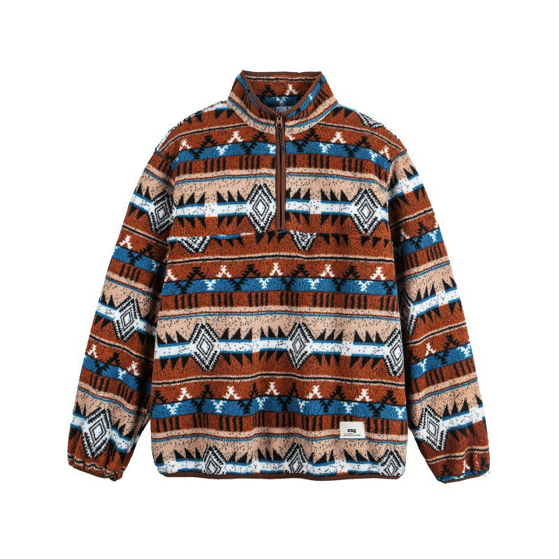 Unisex Fleece Pullover Half Zip with Aztec Pattern and High Stand-Up Collar Amarae