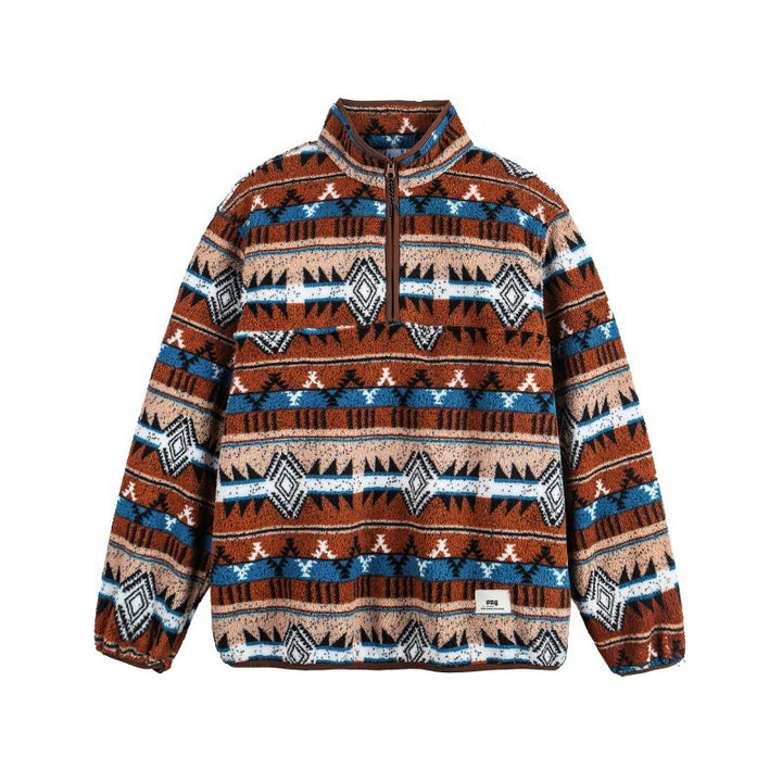 Unisex Fleece Pullover Half Zip with Aztec Pattern and High Stand-Up Collar Amarae