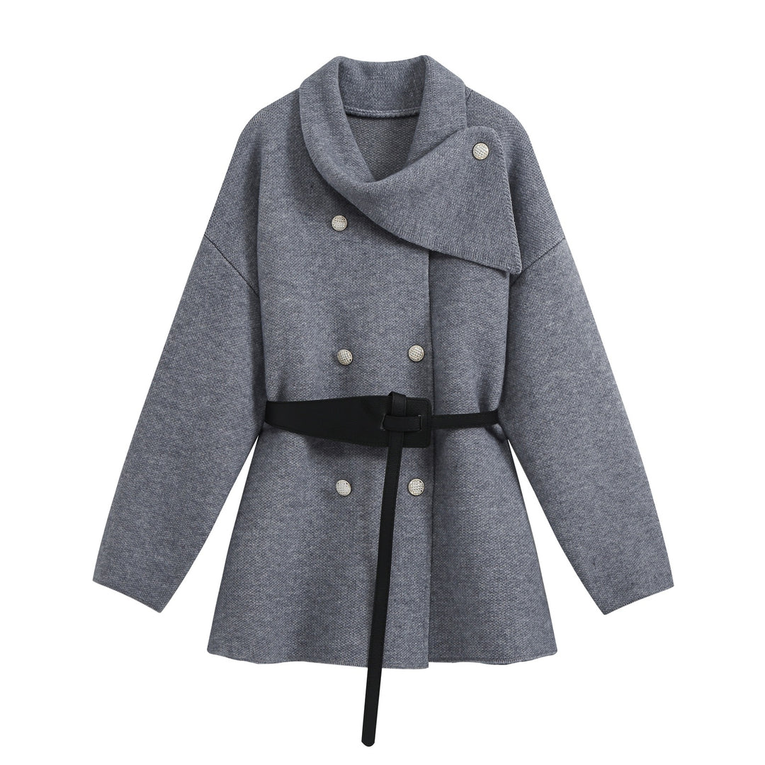 Women's Short Blouson Coat in Cocoon Cut with Asymmetrical Shawl Collar and Waist Belt Amarae