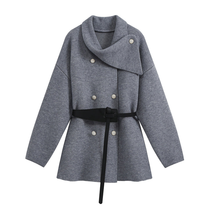 Women's Short Blouson Coat in Cocoon Cut with Asymmetrical Shawl Collar and Waist Belt Amarae