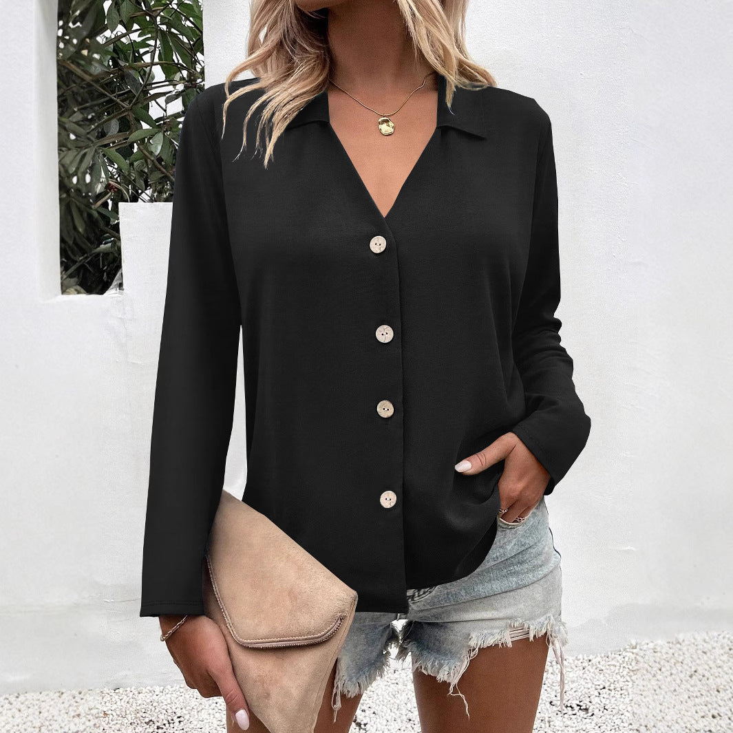 Trendy women's blouse with V-neck and button details Lune London