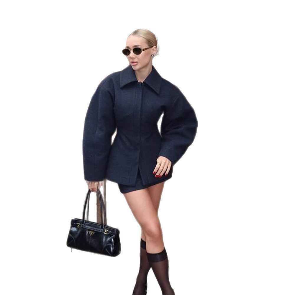 Women's Tailored Short Coat made of Wool Blend with Sculptural Balloon Sleeves Amarae