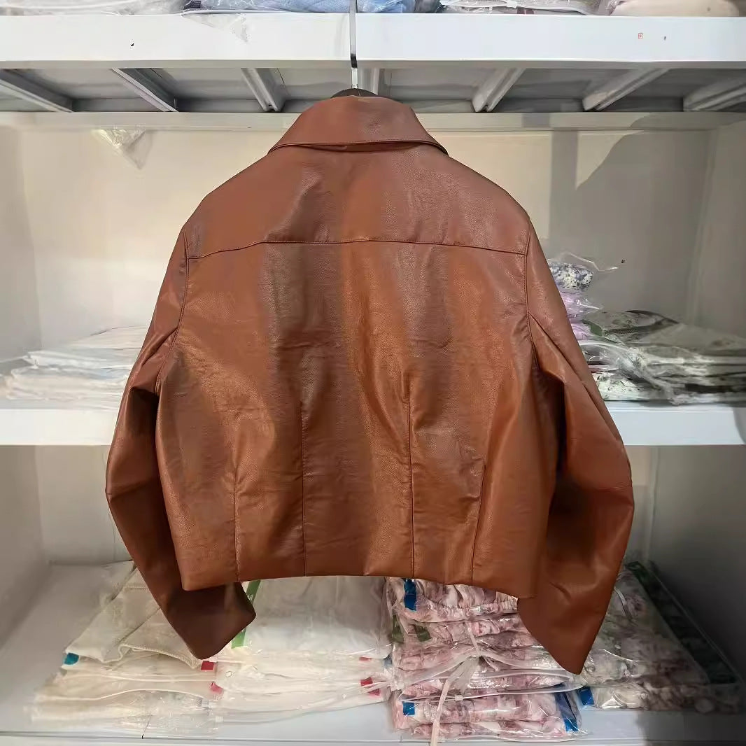 Elegant faux leather jacket for women with a modern silhouette and practical pockets Lune London