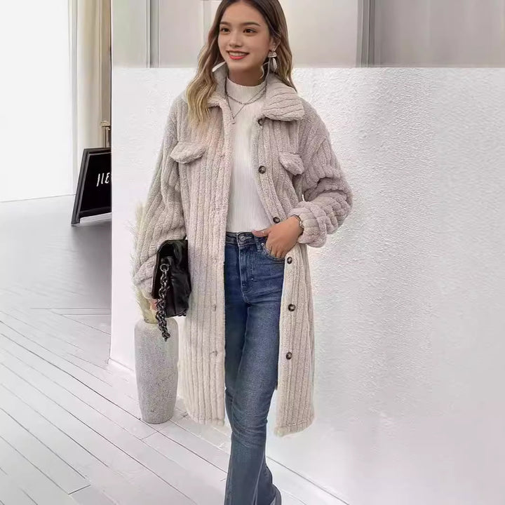 Ladies Comfortable Long Waffle Coat with Pockets and Button Closure Lune London