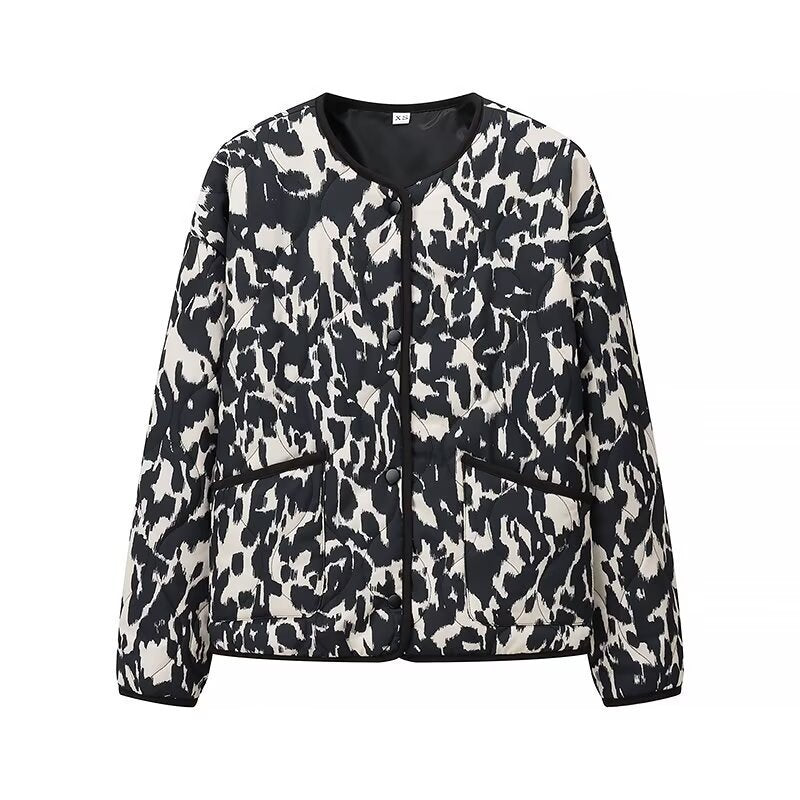 Women Padded Quilted Jacket with Abstract Leopard Print, Boxy Silhouette and Patch Pockets Amarae