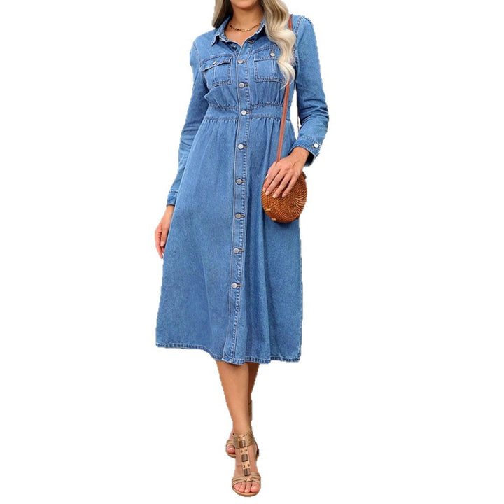 Women's denim midi dress with button placket, tailored fit and chest pockets Amarae