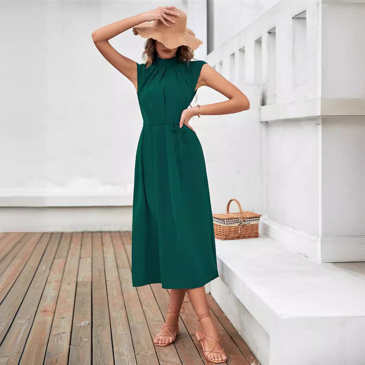 Ladies Elegant Midi Dress with Tied Belt and Classic Collar Lune London