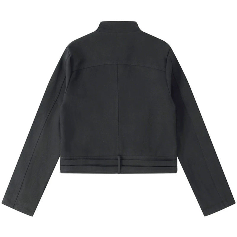 Women's Short Cut Cotton Utility Jacket with Stand-Up Collar Front Zip and Adjustable Waist Straps Amarae