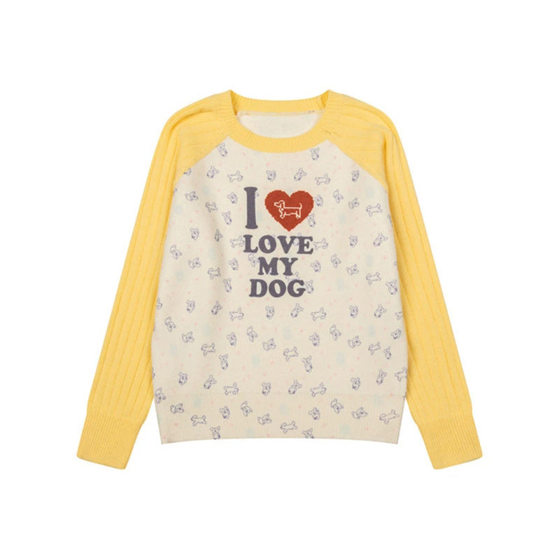 Women's knitted raglan sweater with heart dog motif, ribbed sleeves and all-over print Amarae