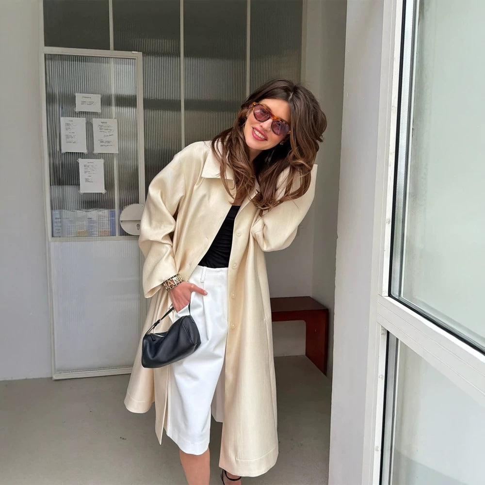 Women Lightweight Satin-Effect Long Coat with Boxy Oversize Silhouette Amarae