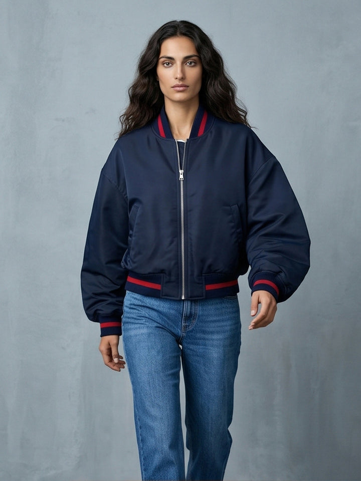 Women's Short Cut Oversized Bomber Jacket with Voluminous Sleeves and Ribbed Cuffs Amarae