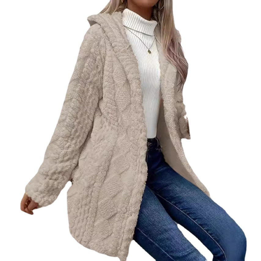 Women Plush Hooded Jacket with Decorative Button Details Amarae