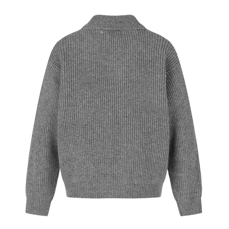 Women's chunky knit zip jacket with shirt collar and decorative buttons Amarae