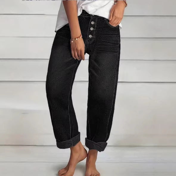 Ladies High-Waist Relaxed-Fit Jeans in Boyfriend Style with Visible Button Placket and Rolled Hem Amarae